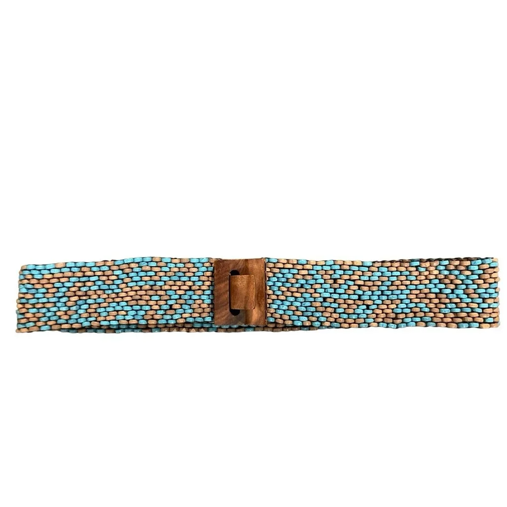 Wood Bead Belt Weatern Turquoise Tan Stretch Statement Wood Interlock Buckle 31